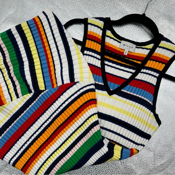 Milly Directional Pop Stripe Bodycon Mini Dress Sleeveless Knit Asymmetrical M - Picture 10 of 11